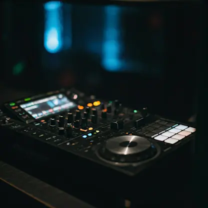 DJ mixer deck in a dark club setting
